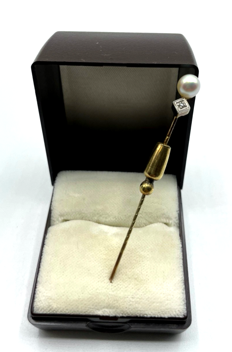 Antik 585 Gold 14 K Gold Reversnadel echte Perle + Achtkant Altschliff Diamant0