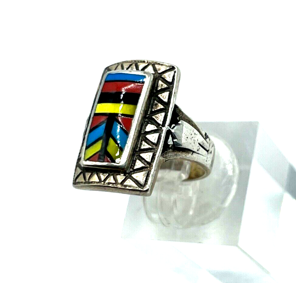 925 Sterling Ring Zuni Indianerschmuck Edelstein Inlay Handarbeit Ø 15 mm RG 471