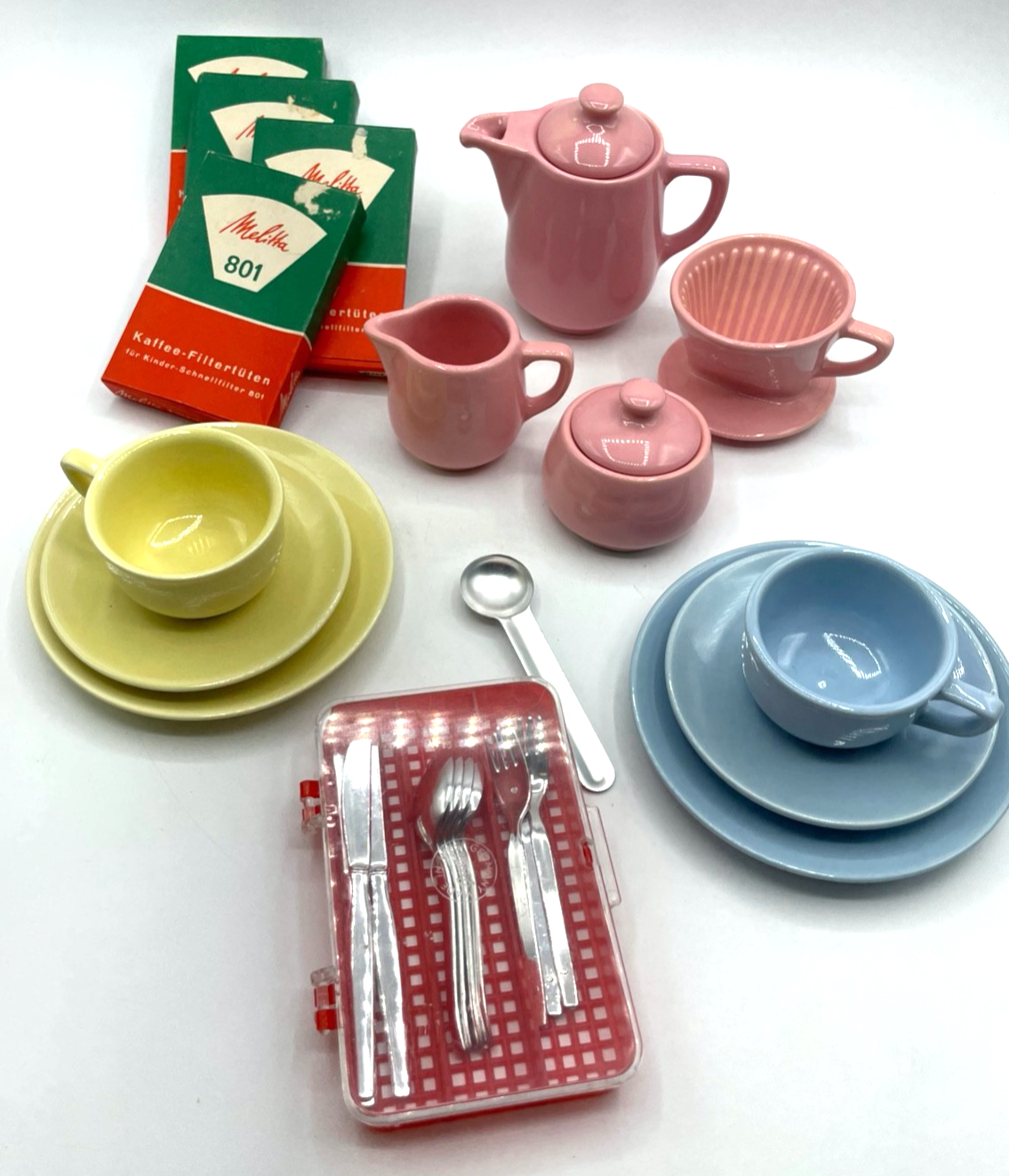 mid century Kinder Melitta Kaffee Geschirr mit Filter + Filtertüten Dachboden3