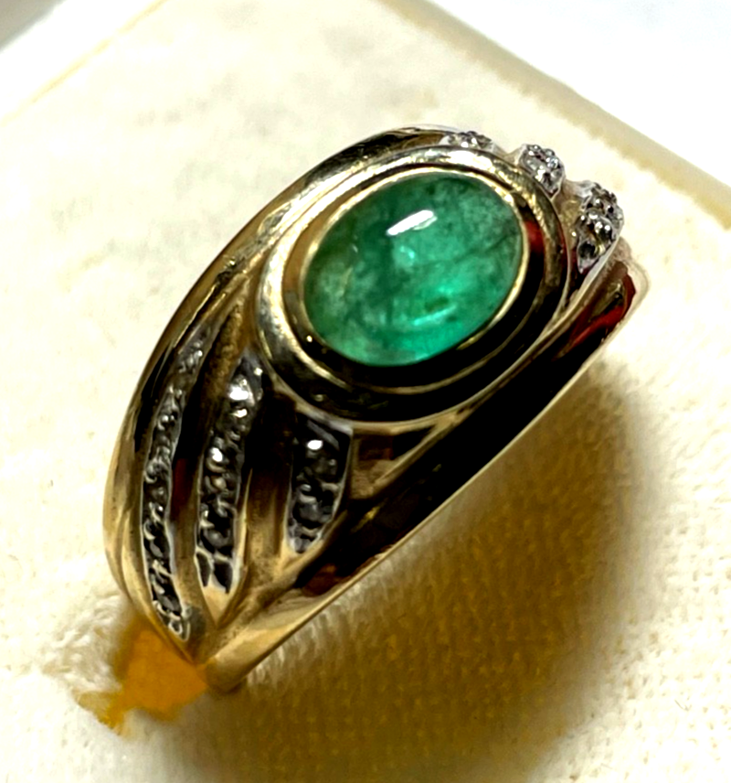 585 Gold 14 K Ring mit Smaragd Cabochon + Brillanten RG 58 Ø 18,5 mm sehr gepfl.2