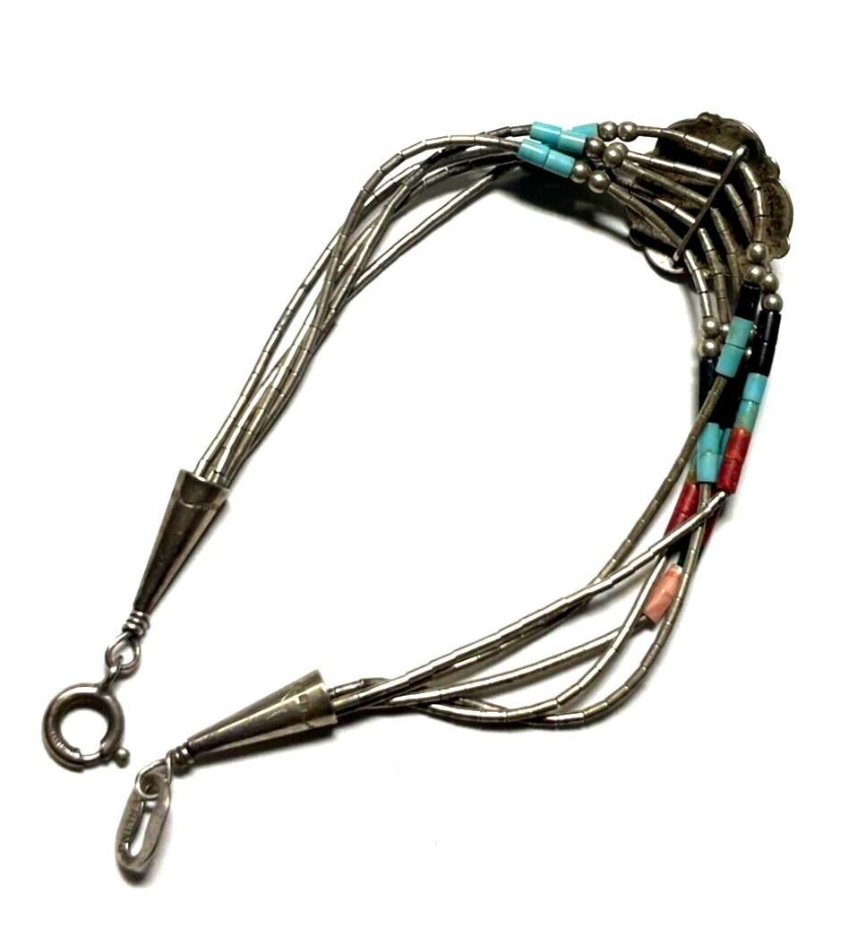 925 Sterling Armband Zuni Indianerschmuck Edelstein Inlay Handarbeit L 18,5 cm6