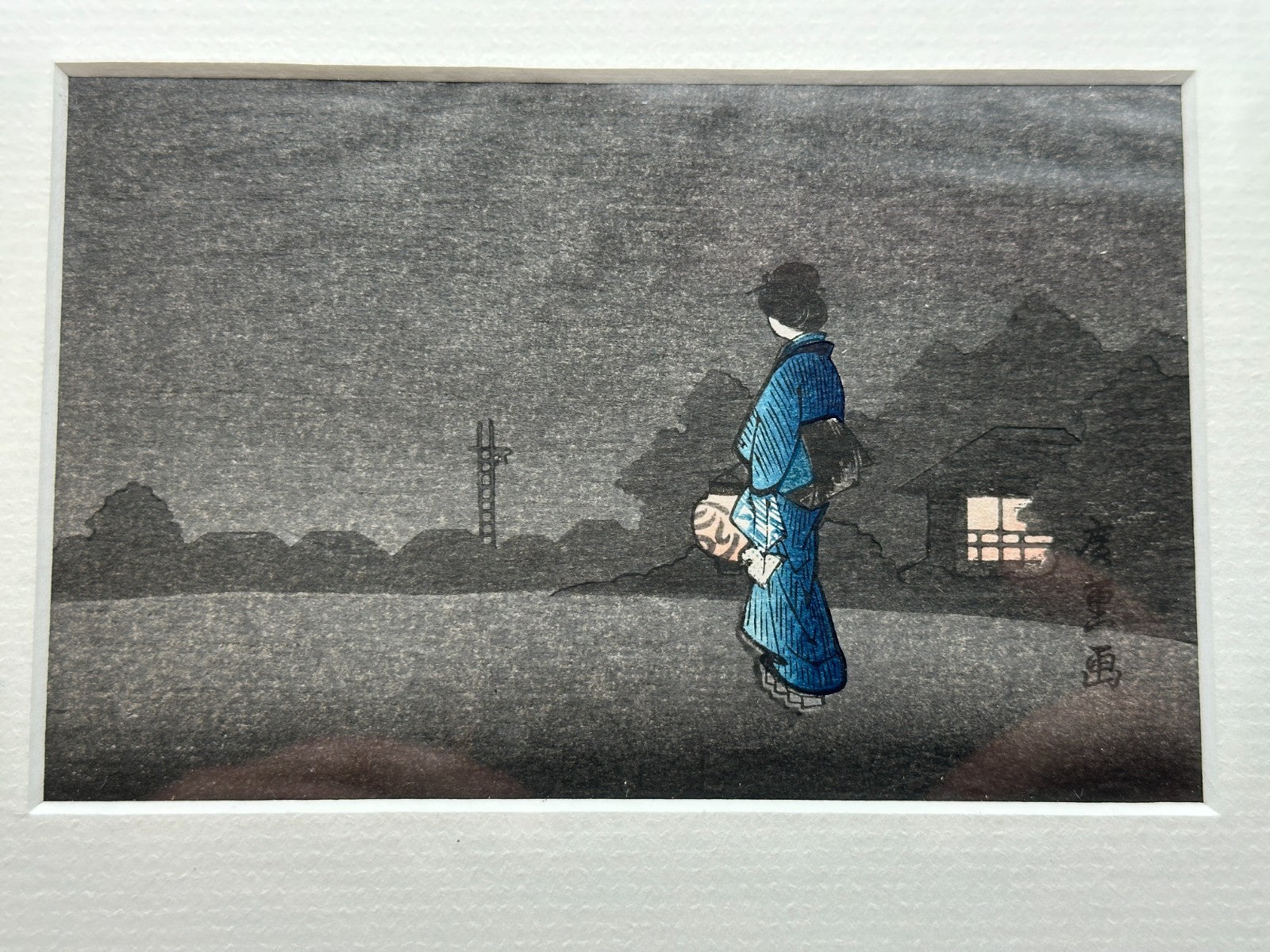 Japanischer Holzschnitt im Stil von Harunobu – Geisha bei Nacht – gerahmte Repro1
