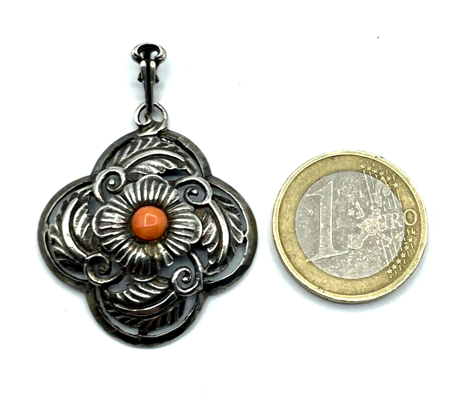 Antik 835 Silber Anhänger um 1900 mit Koralle Lachskoralle Handarbeit L 45 mm1
