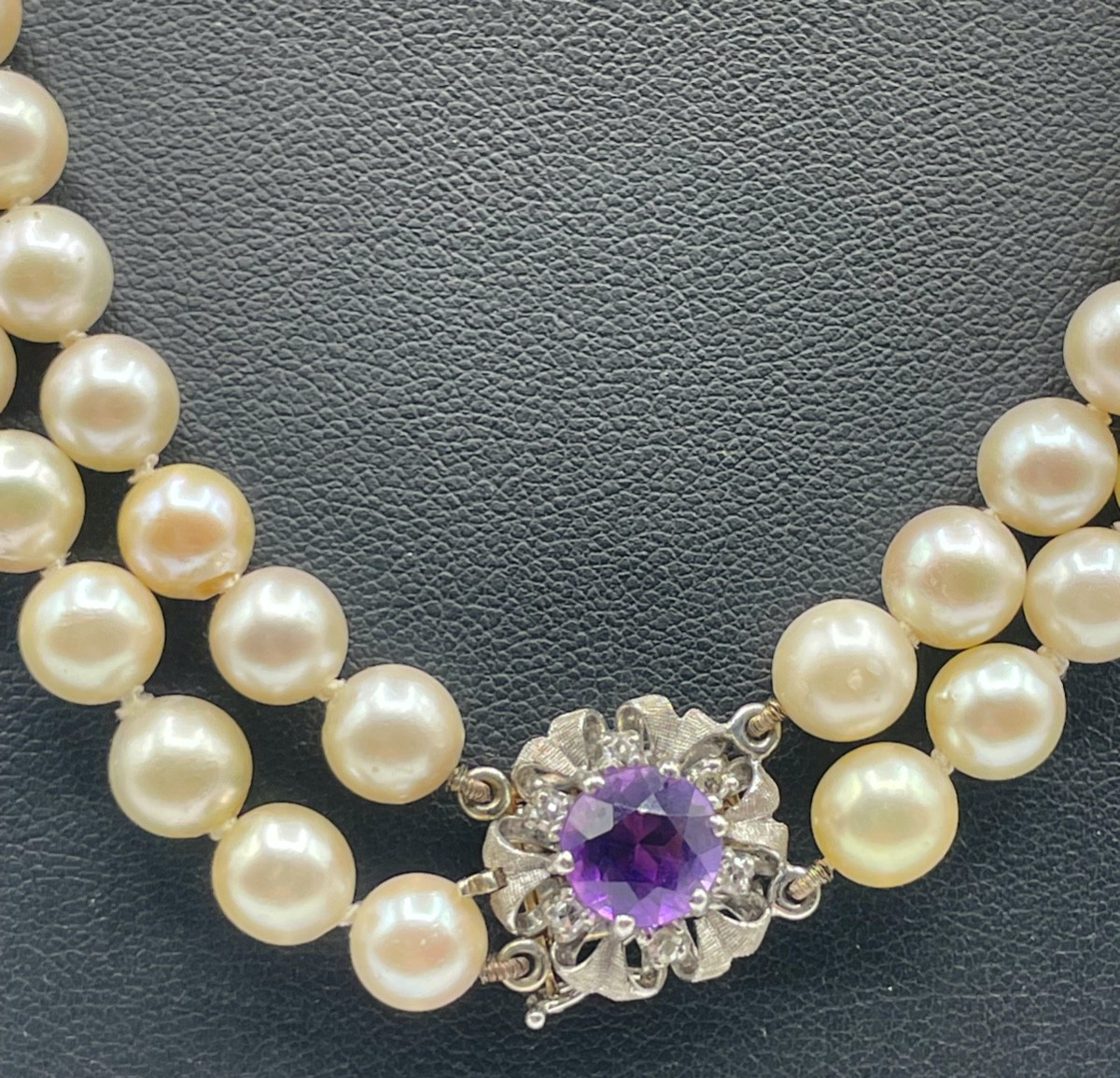 Bicolor 585 Gold Brillanten + Amethyst an 2 reihiger Akoya Perlenkette Ø 7 mm2