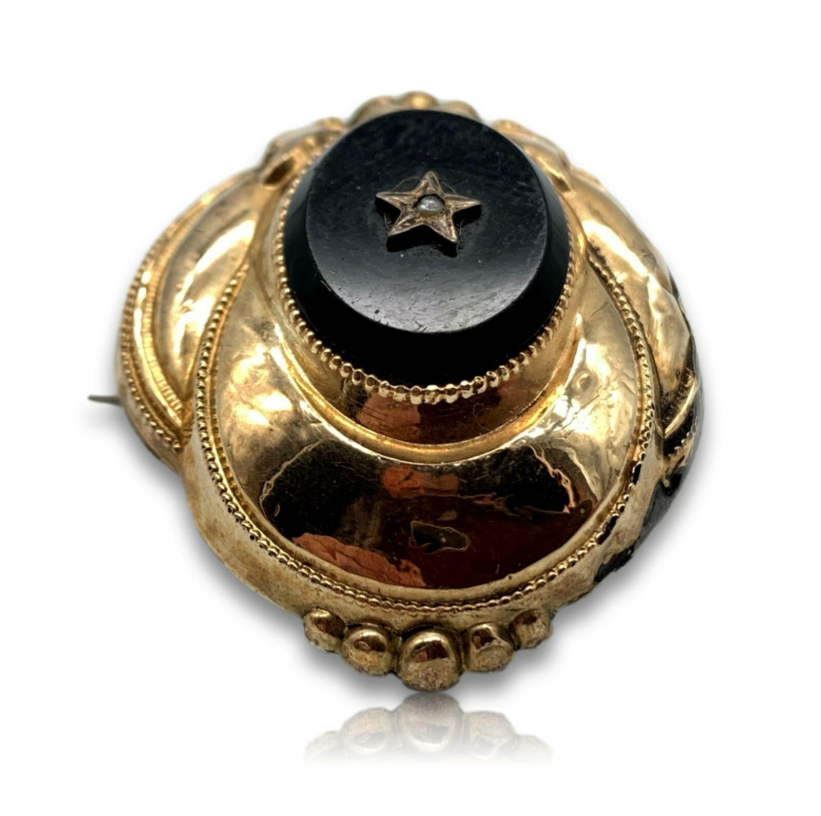 Biedermeier Brosche Anhänger - Schaumgold 6 Karat 250 - schwarzer Onyx Saatperle1