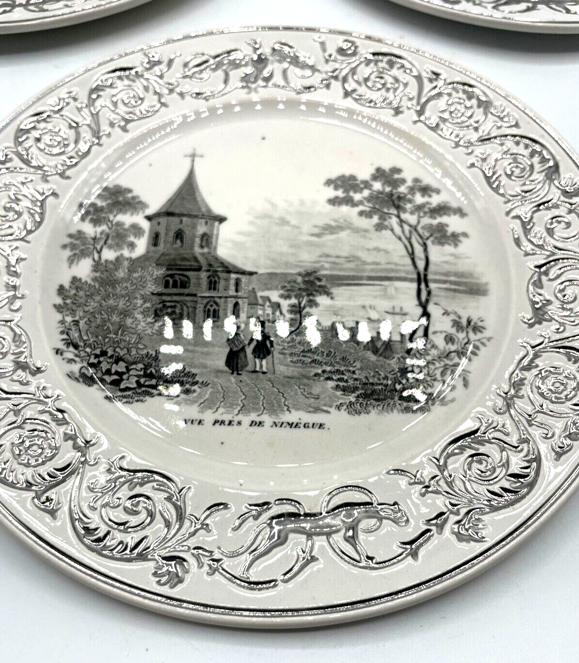 * Antik 3 Keramik Teller Landschaft Szenerie vor 1900 Silber Rand Dekor Ø 18,2cm4