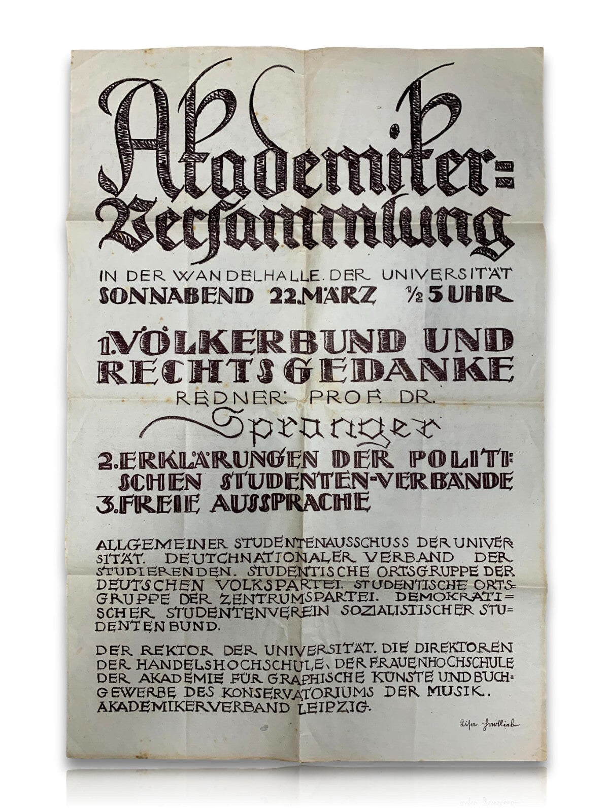 Plakat Akademiker Versammlung - Universität Leipzig 1920 - Prof. Eduard Spranger0