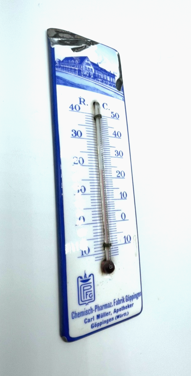 Antik Emaille Thermometer mit Pharma Werbung Göppingen um 1900 Emailware rar !!!5