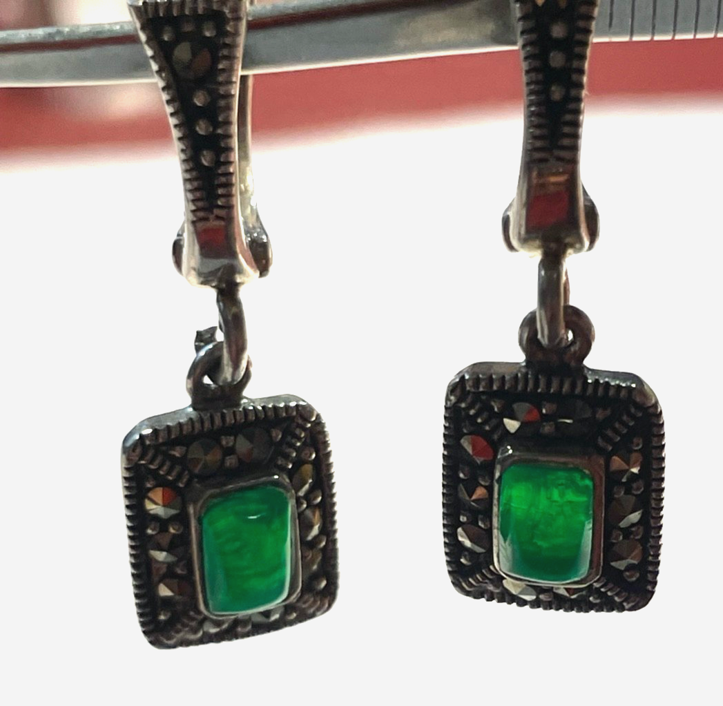 Solide 925 Silber Ohrringe Ohrhänger grüner Farbstein + Markasit im Antikstil3