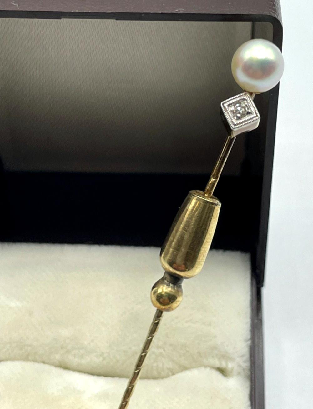 Antik 585 Gold 14 K Gold Reversnadel echte Perle + Achtkant Altschliff Diamant1