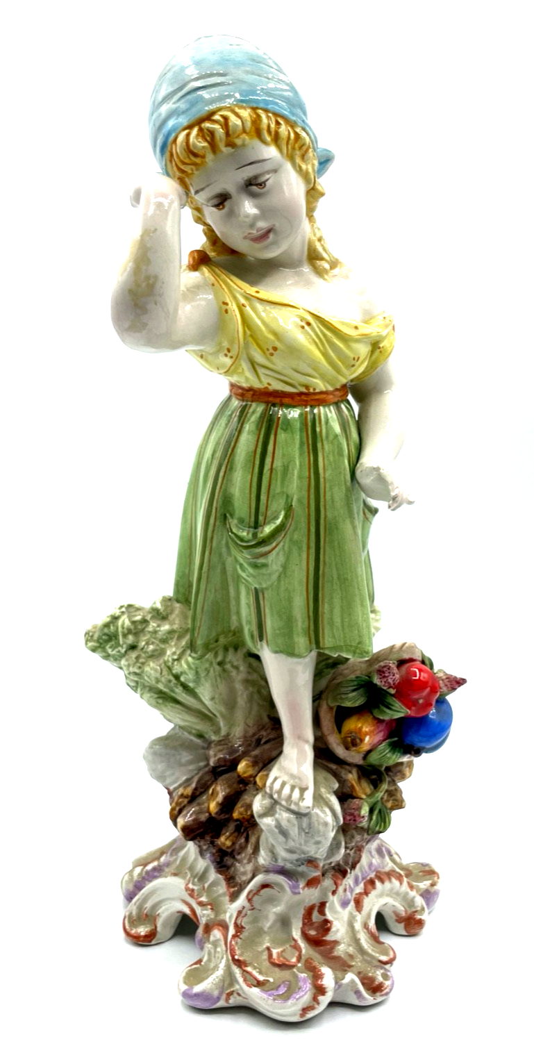 Antik große Porzellan Figur handbemalt aus Italien H 31,5 cm Mädchen Obstkorb0