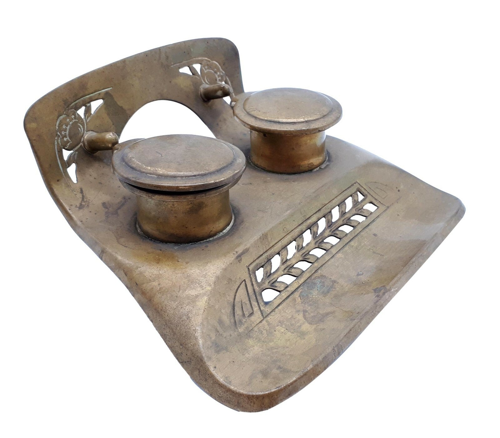 Tintenfass Jugendstil - um 1900 - Messing - durchbrochen - Messingblech 2 Fässer1
