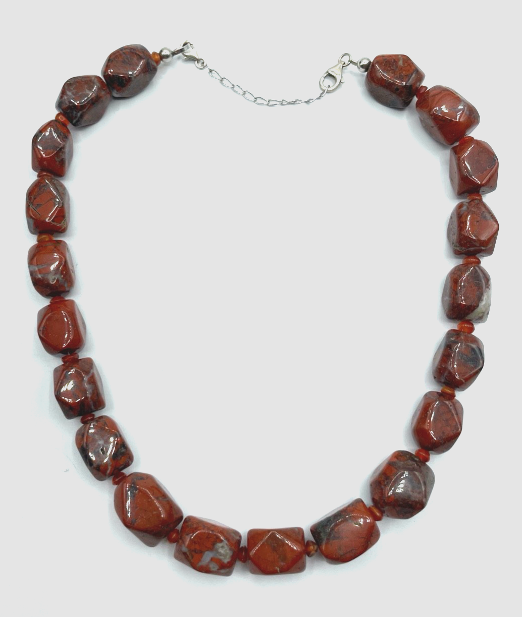Roter Jaspis Cluster Kette Brekzien Jaspis Collier 925 Silber Karabiner L 50 cm3