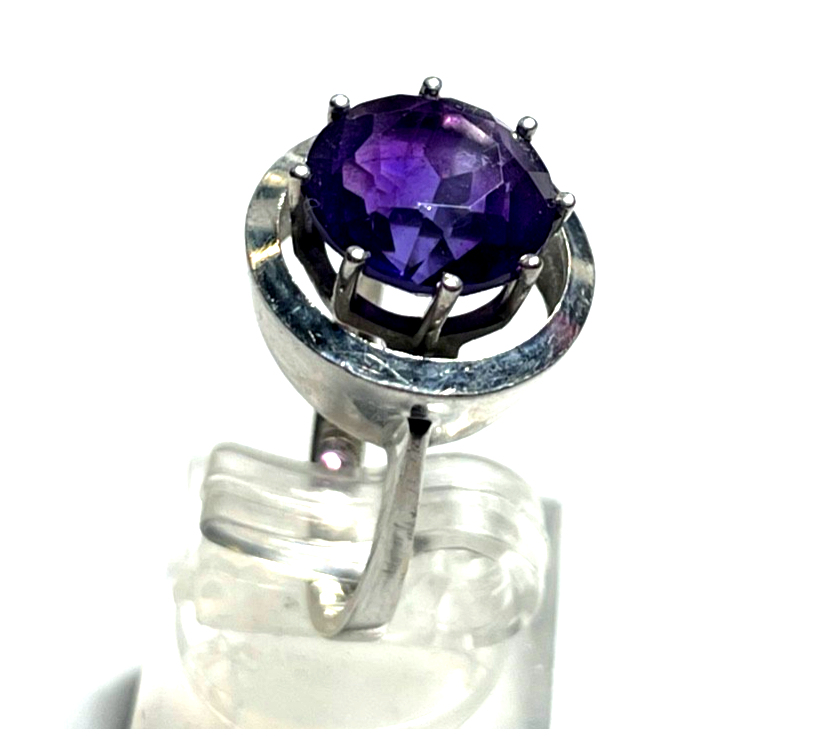 Solider 585 Gold 14 K Weißgold Ring gr dunkler Amethyst Ø 16,9 mm RG 53 Juwelier1
