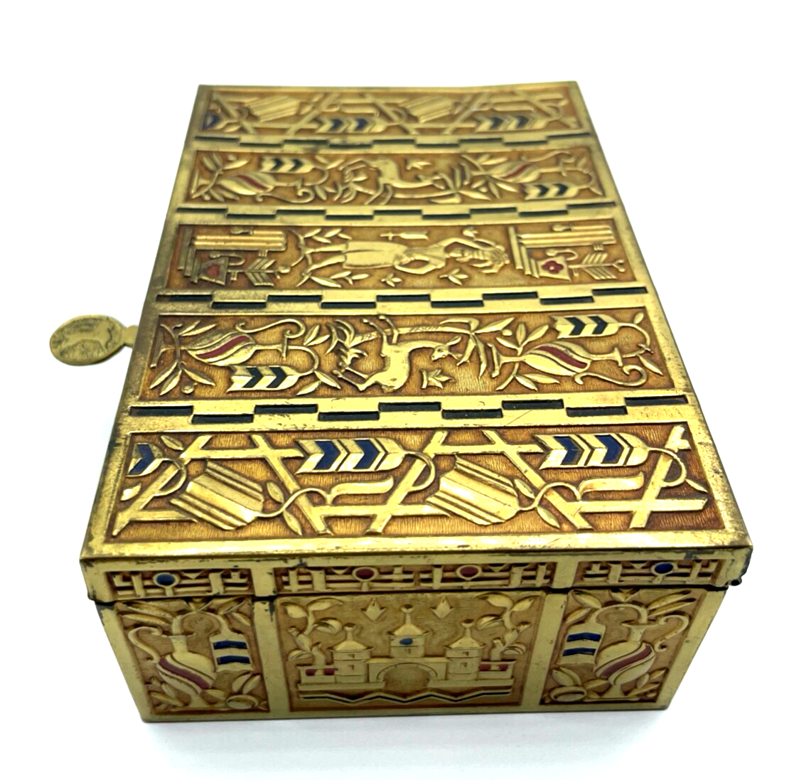 Art Déco Erhard & Söhne Schatulle Box Messing farbig mit Schlüssel orig. 30er J4