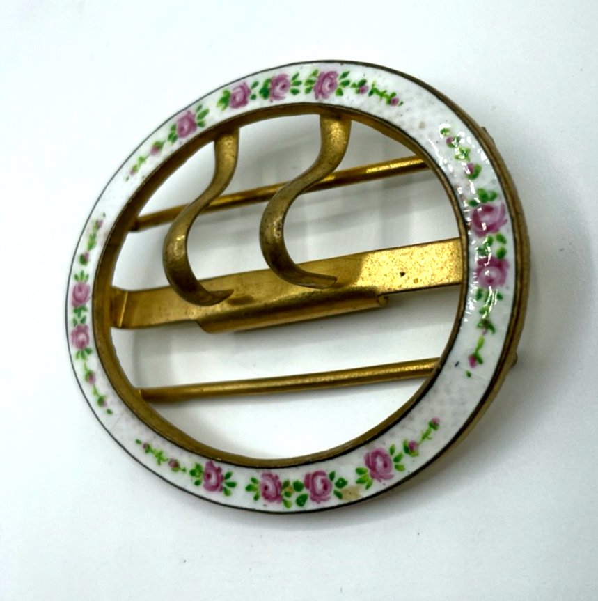 Antik Jugendstil ovale Gürtelschnalle Guilloche Rosen Emaille feuervergoldet2
