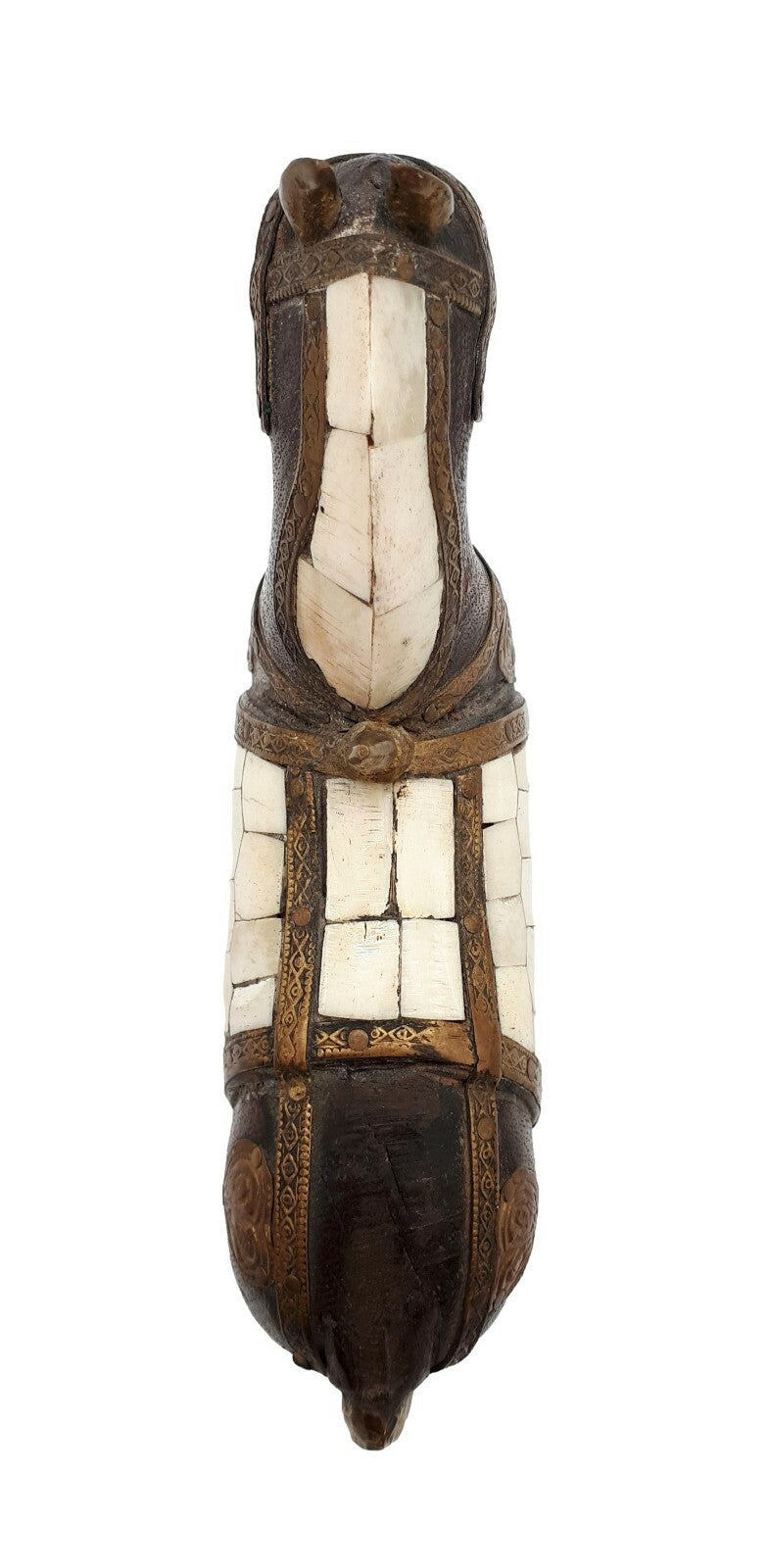 Pferdestatue - Skulptur schnitzerei Holz Bein - Indien um 1850 Messingbeschlag 9