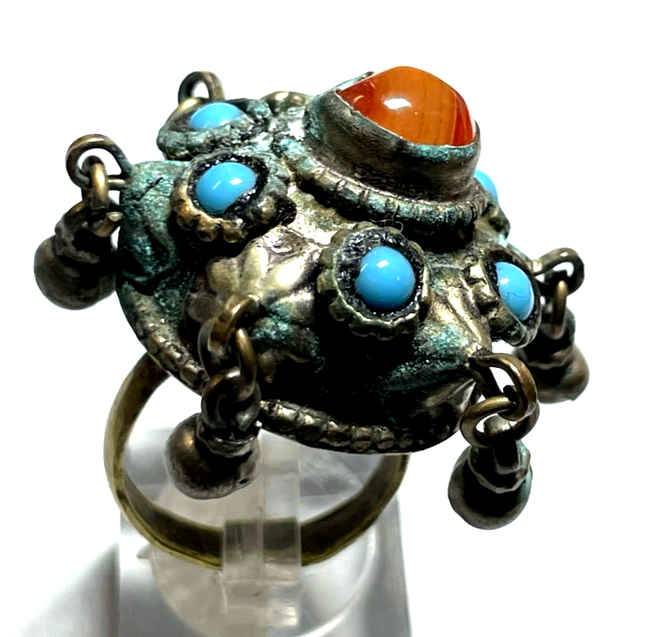 Antik Berber Schmuck prächtiger Ring Handarbeit Achat Türkis Patina Ø 17mm RG 542