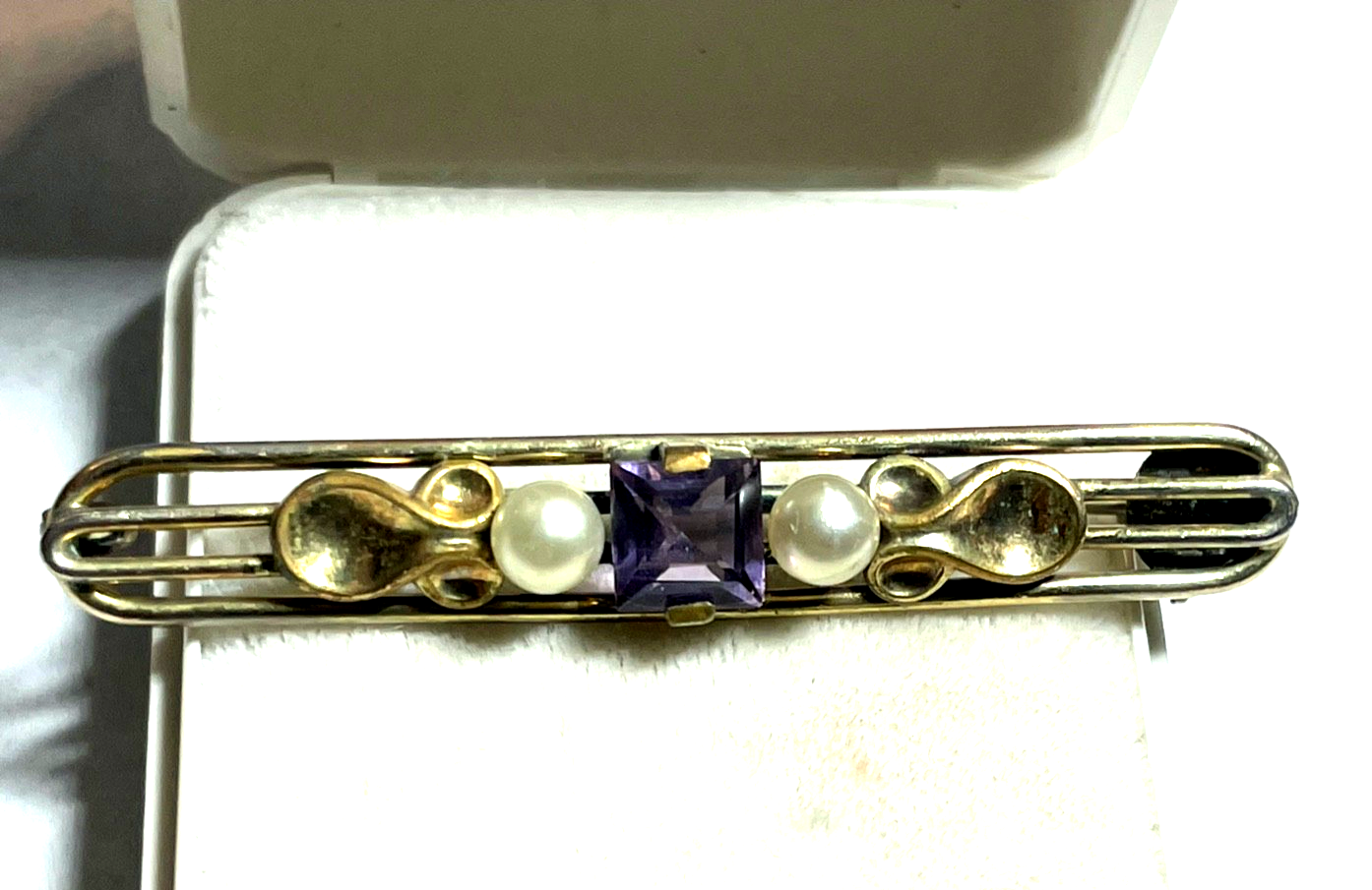 Antik Brosche Anstecknadel echt Amethyst 2 x echte Perle Amerikaner Golddouble2