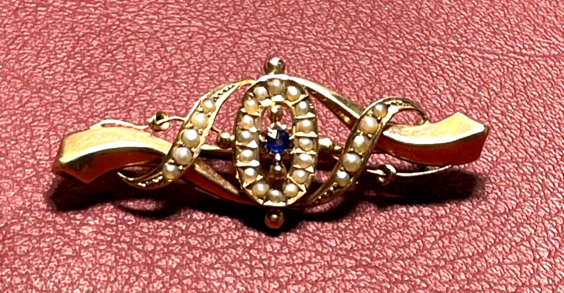 Antik edle 585 Gold 14 K Brosche Saphir Orientperlen Historismus Saatperlen2