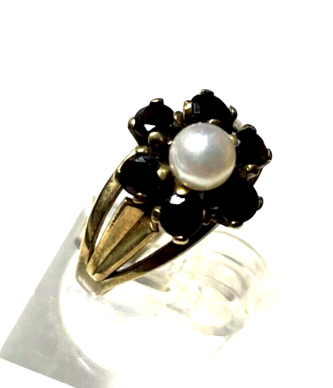 Vintage 333 Gold 8 K Ring 6 Granat + 1 Perle Ø 16 mm RG 50 Klassiker gepflegt0