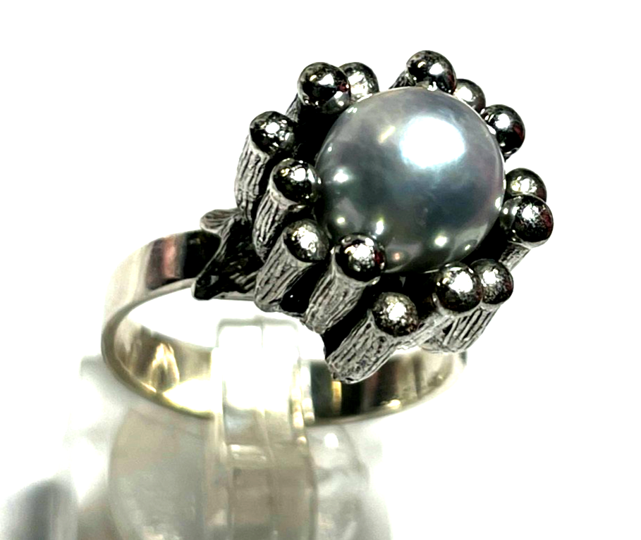 Brutalist  vintage 925 Silberring mit Tahiti Perle Unikat Ø 18 mm RG 57 gepflegt0