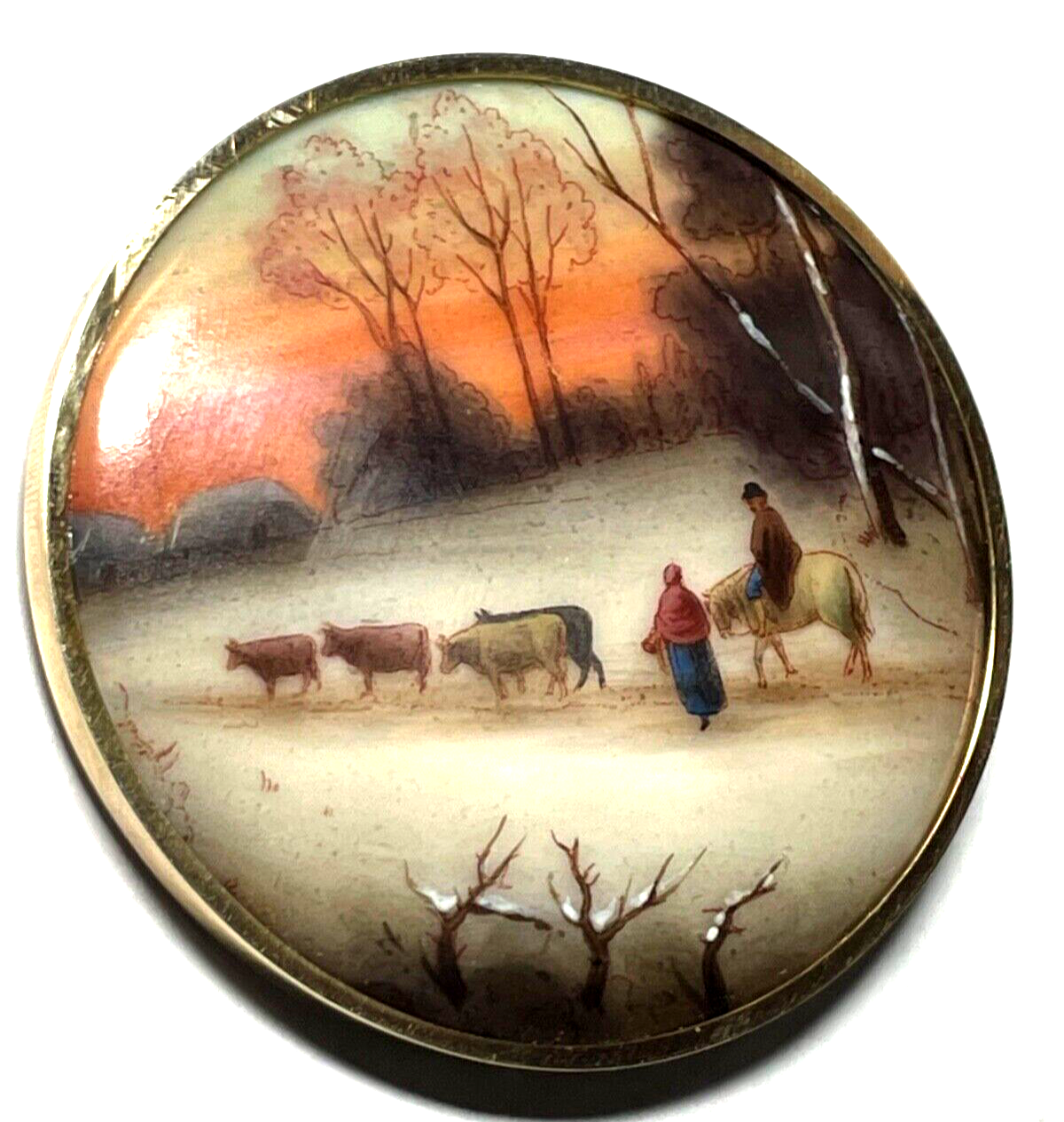 585 Gold 14 K Gelbgold gr. Anhänger / Brosche Porzellan Lupenmalerei  Ø 52 mm0