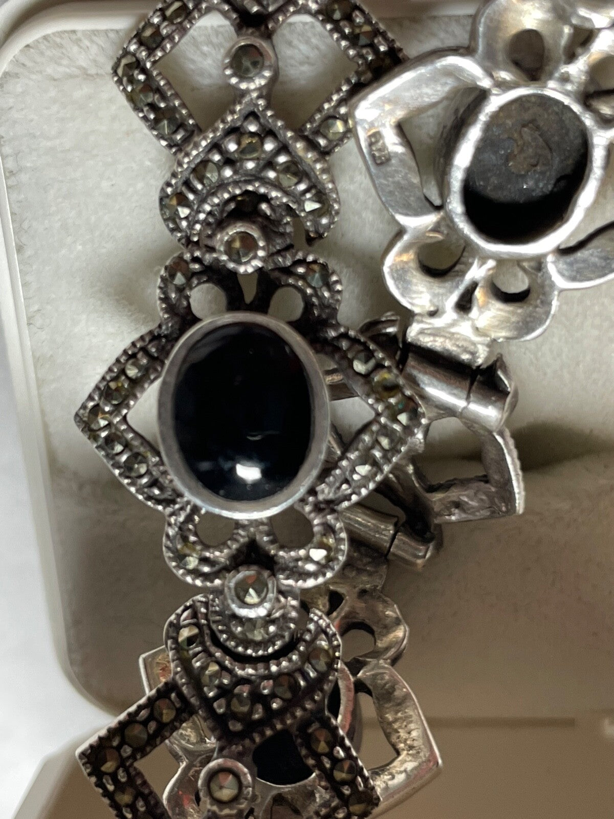 Traumhaftes solides 925 Silber Armband Handarbeit schwarzer Onyx + Markasit3