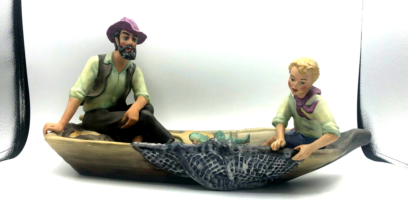 Stattliche Porzellan Figur Vater Sohn Fischer Boot Biskuit handbemalt L 39 cm10