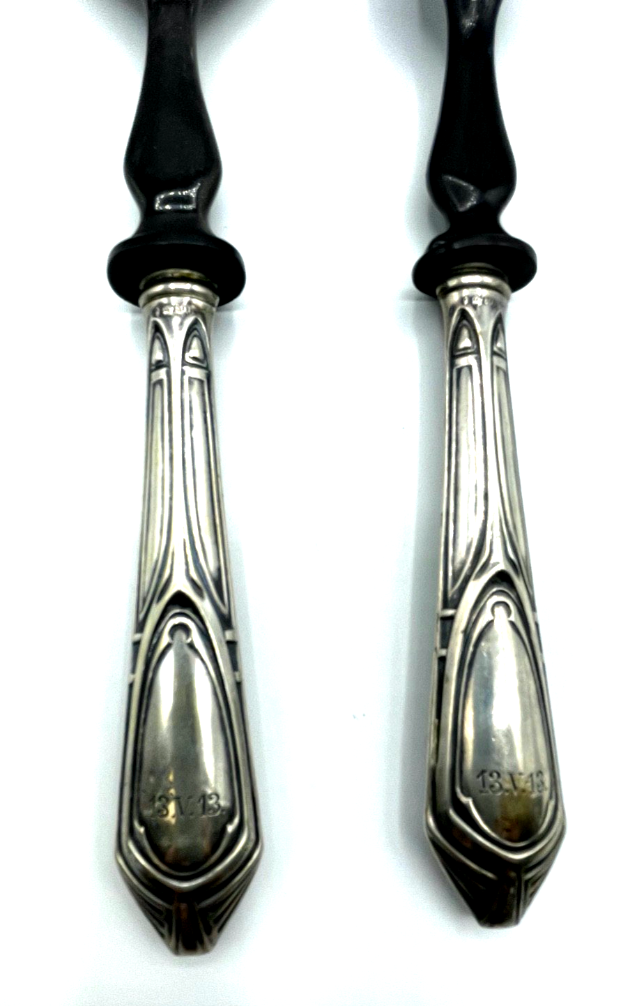 Antik Jugendstil Vorleger Salatbesteck 800 Silber + schwarzes Horn gepflegt7