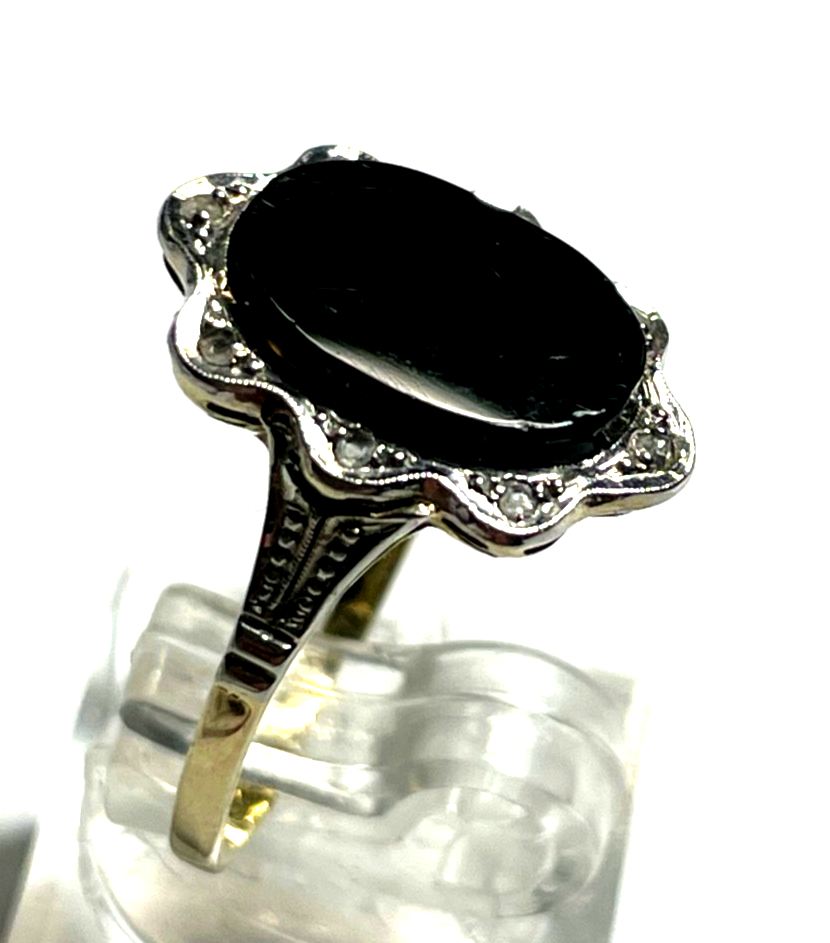 585 Gold 14 K Ring Bicolor orig. Art Deco Onyx Tafel + 8 Diamanten Ø 17,5 RG 553