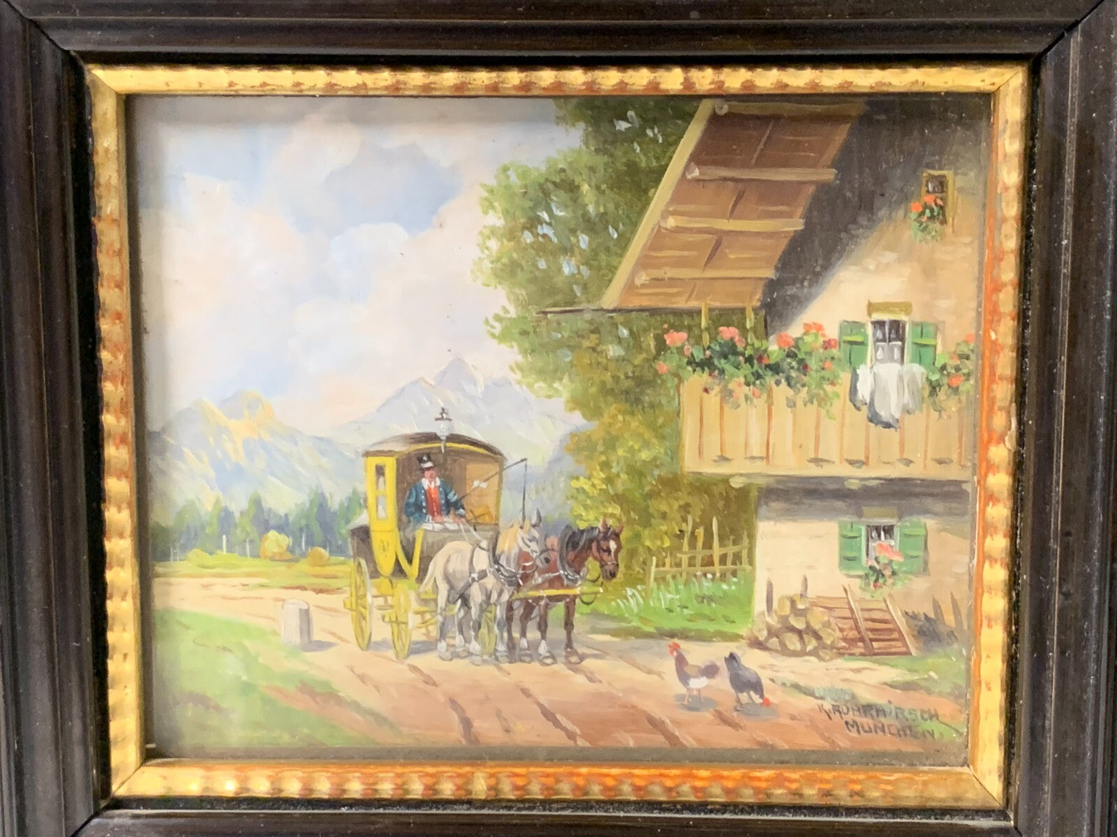 Karl Rohrhirsch 1875-1954 - Postkutsche vor dem Bauernhaus - Öl auf Holz - sign.2