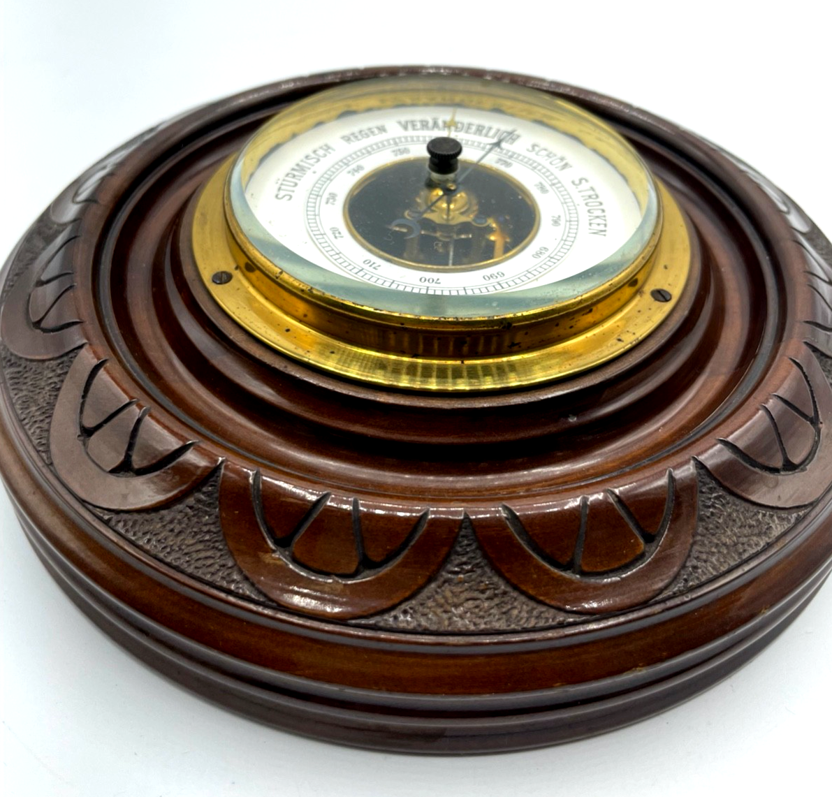 Antik Barometer um 1900-1910 funktioniert im Topzustand Ø 18 cm Holzrahmen8
