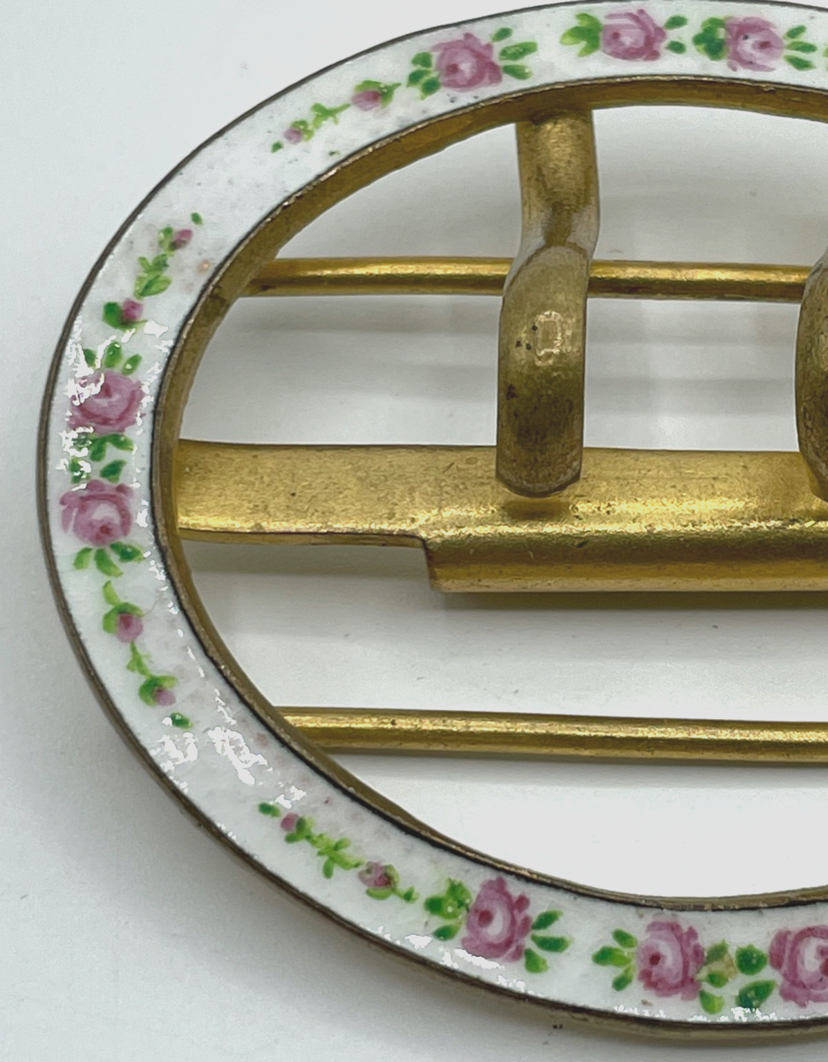 Antik Jugendstil ovale Gürtelschnalle Guilloche Rosen Emaille feuervergoldet4