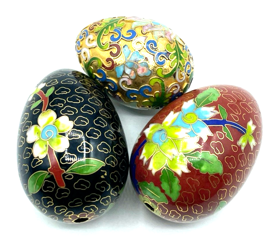 3 vintage Eier Cloisonne Emaille auf Messing floral Kunsthandwerk China gepflegt0