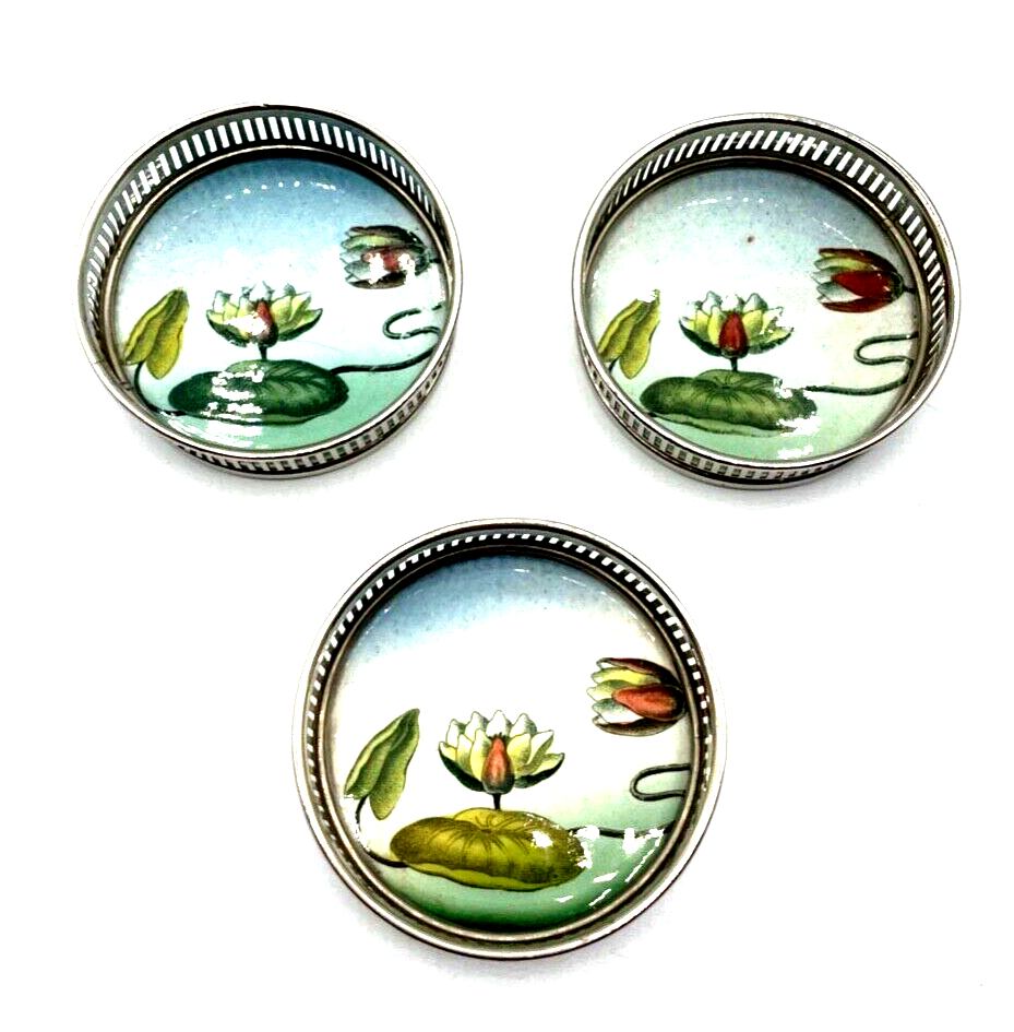 3 Jugendstil Glas Untersetzer Keramik Metallrahmen Wasserlilie Seerose Motiv0