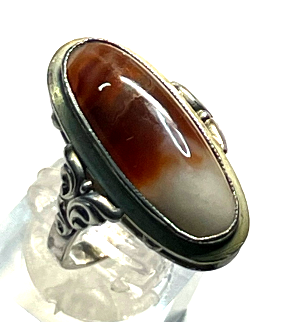 Antik 835 Silber Ring Achat Cabochon 30erJ Fassung Ø 16,5 mm RG 52 Handarbeit7