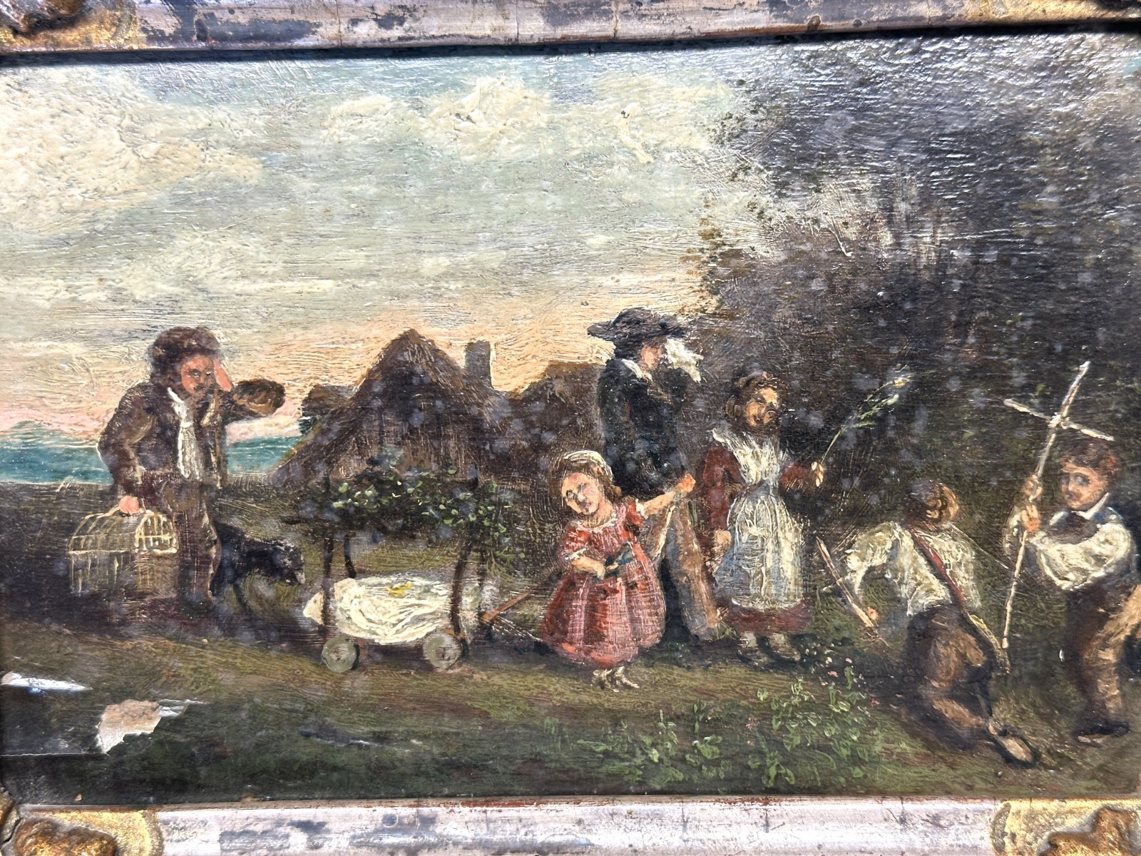 Genregemälde mit Kinderszene - Öl auf Holz - um 1870 – in originalem Rahmen1