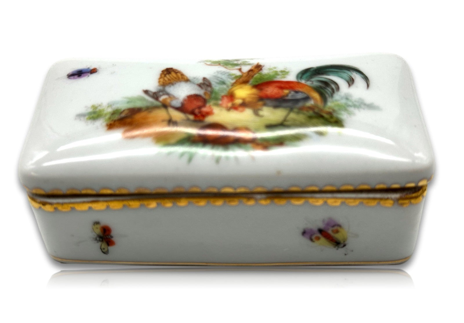 Antike Porzellan-Schatulle - Hahn-Dekor & Insektenmalerei - handbemalt - um 19002