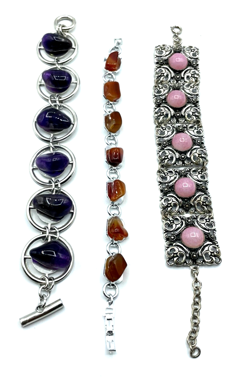 3 vintage Armbänder Armketten mit Edelstein Amethyst Karneol 70er top gepflegt0