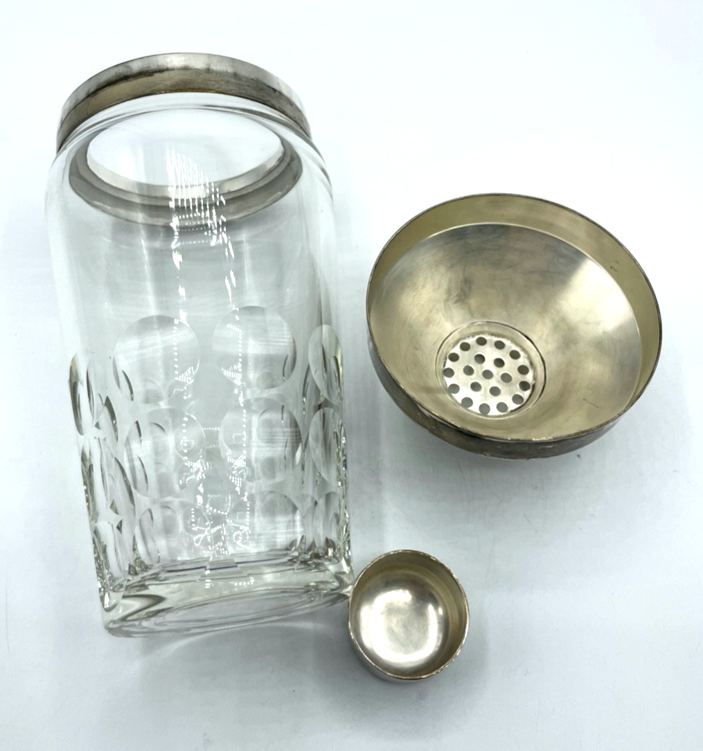 Vintage Cocktail Shaker Kristallglas versilberte Montur Rand Deckel Topzustand4