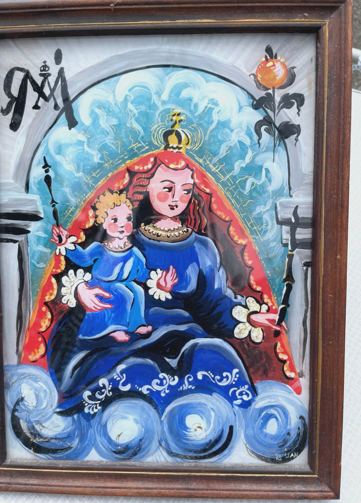 Vintage Hinterglasmalerei Hinterglasbild Maria + Jesuskind Muttergottes gerahmt2