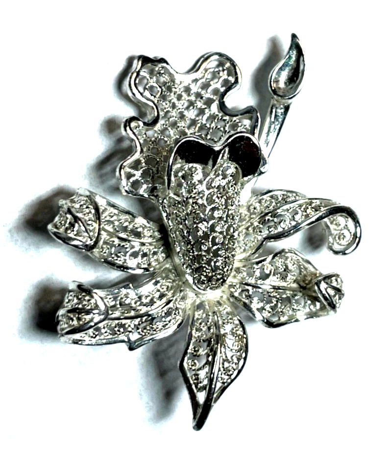 Antik 800 Silber Brosche Anstecknadel Filigransilber Handarbeit Orchidee gepfl.0