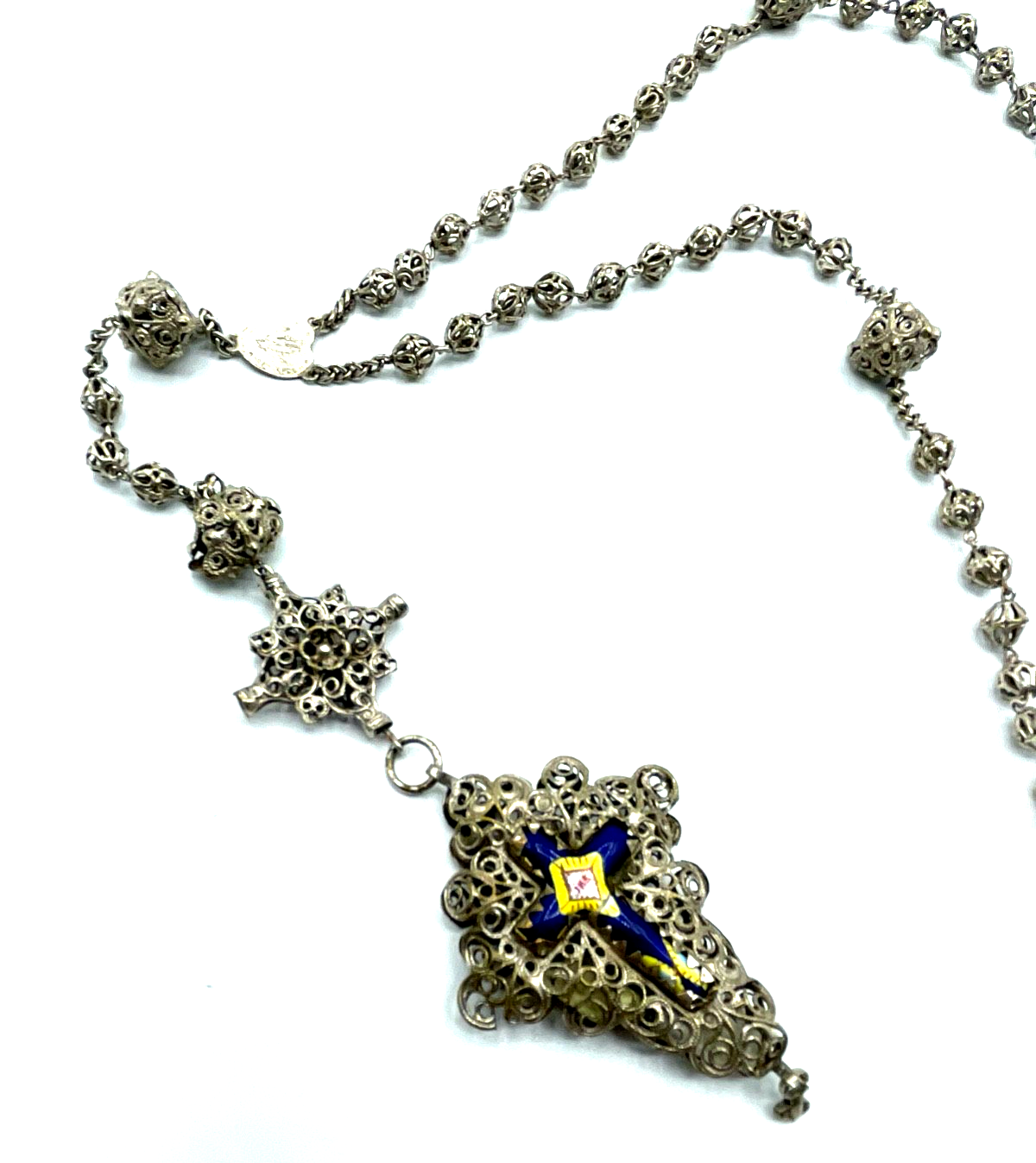 Antik Biedermeier Rosenkranz Filigran + Emaille Kreuz Perlen Filigransilber  A5