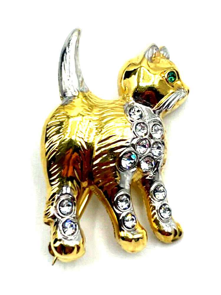 Vintage Brosche Anstecknadel kleine Katze vergoldet mit Strass Besatz wie neu1