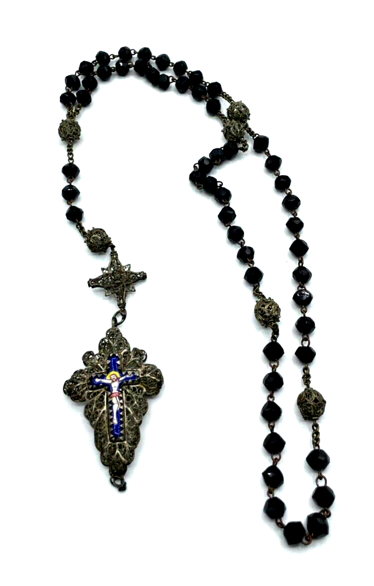 Antik Biedermeier Rosenkranz Filigran + Emaille Granat Perlen teilweise Silber5
