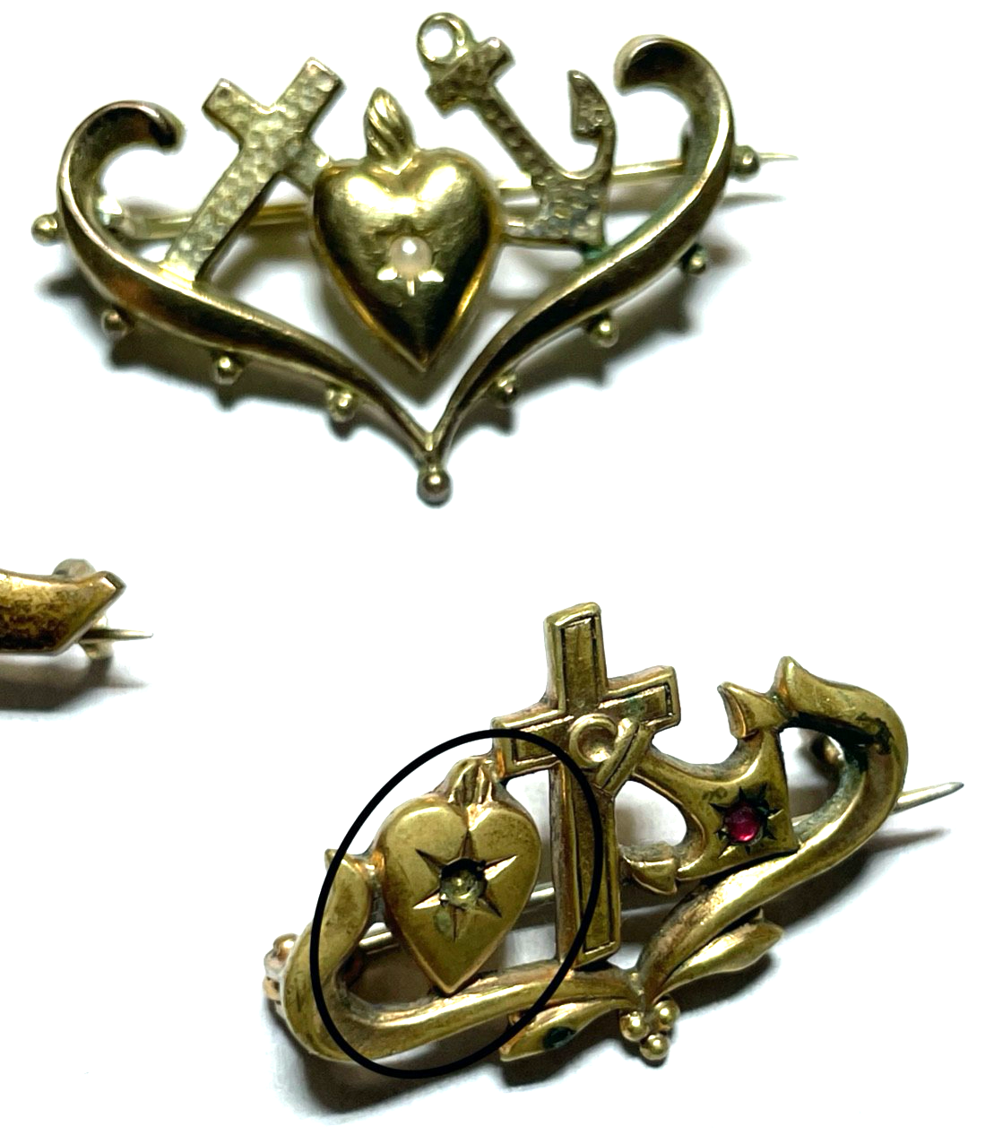 Antik 4 x Jugendstil Brosche Konvolut  Golddouble mit Farbsteinen gepflegt8