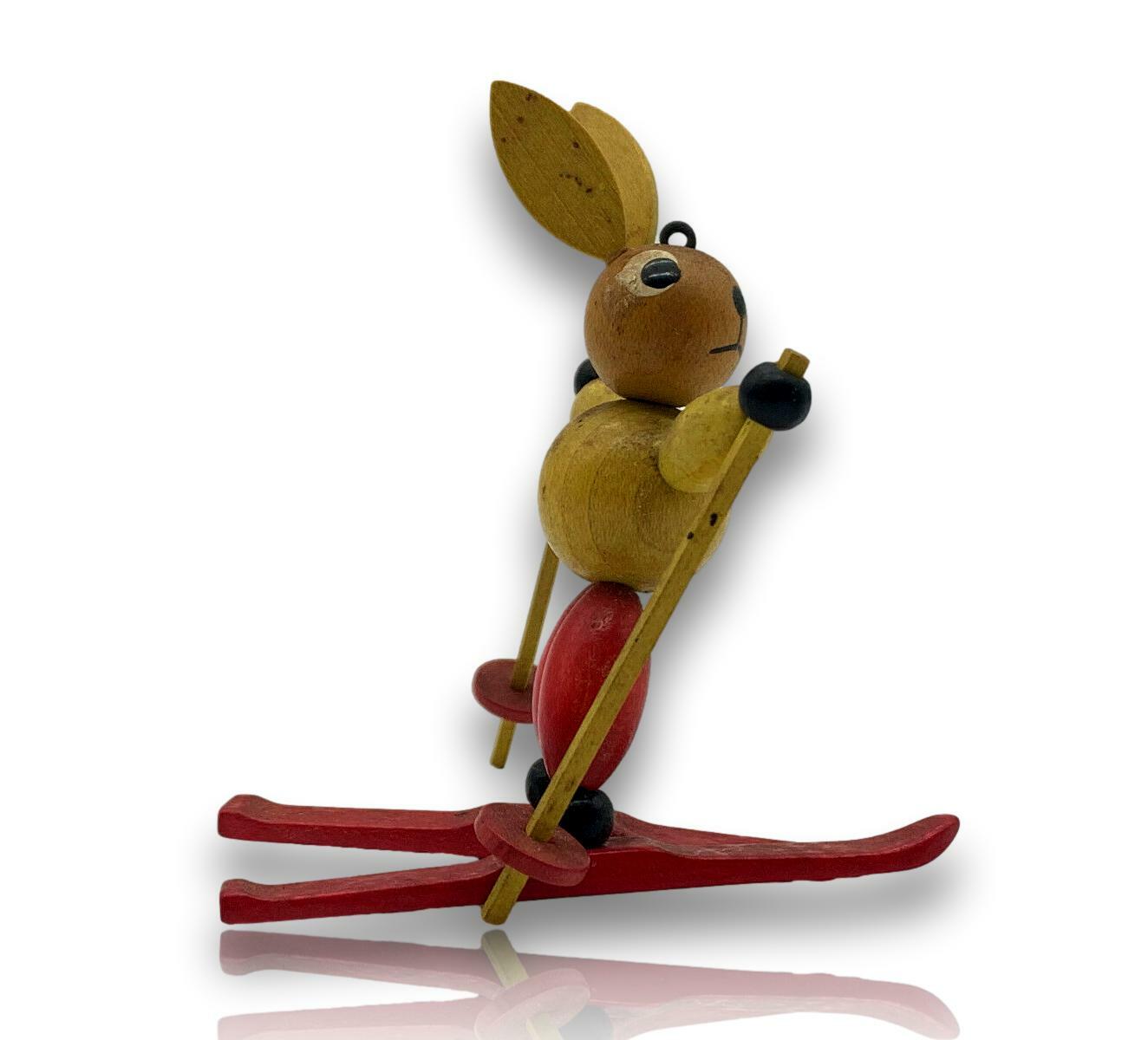 Erzgebirge Volkskunst Ski Hase - Holzschnitzerei - alte Figur beweglich3