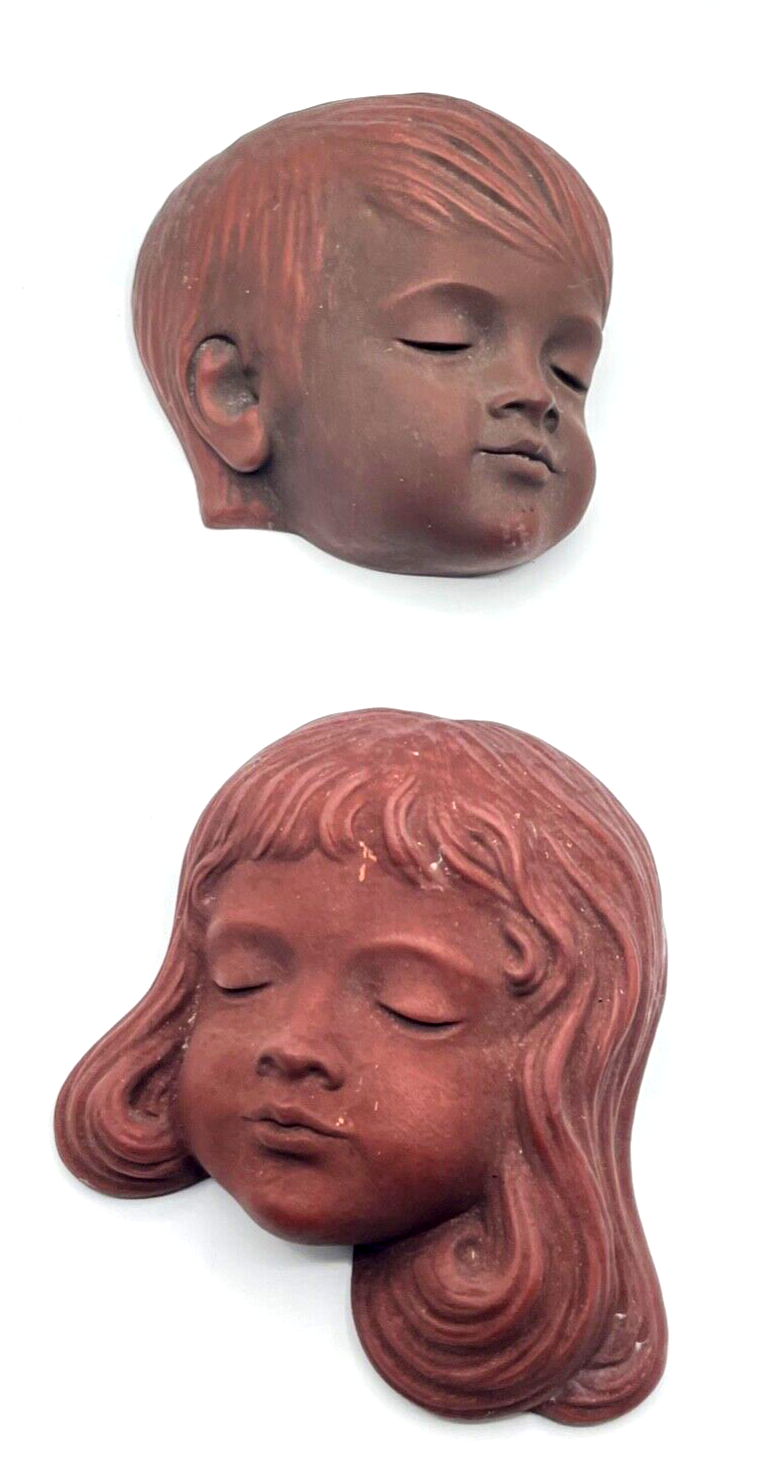 Paar vintage Achatit Wandmaske Junge + Mädchen Kinder 2 Masken 50er 60er Jahre8