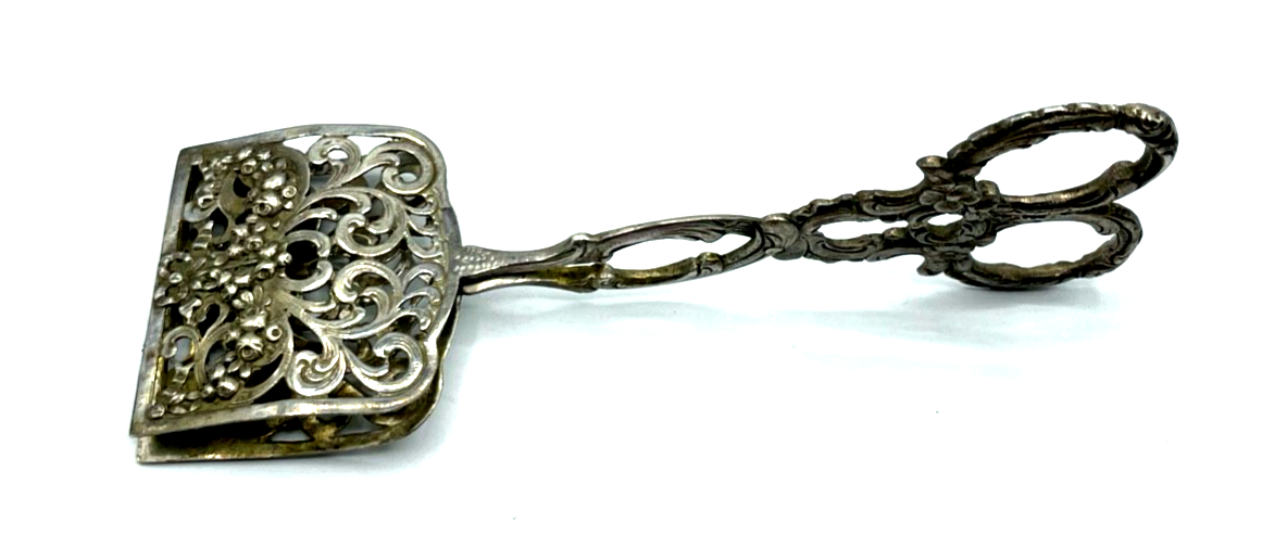 Antik 800 Silber breite Gebäckzange Vorleger Durchbruch Rosen Dekor 72 Gr.0